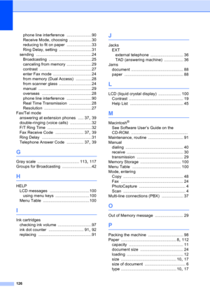 Page 136126
phone line interference ......................90
Receive Mode, choosing
 ....................30
reducing to fit on paper
 ......................33
Ring Delay, setting
 .............................31
sending
 .................................................24
Broadcasting
 ......................................25
canceling from memory
 ......................29
contrast
 ..............................................27
enter Fax mode
 ..................................24
from memory (Dual Access)...