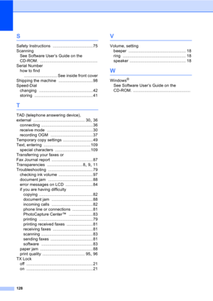 Page 138128
S
Safety Instructions ...................................75
Scanning
See Software User’s Guide on the 
CD-ROM.
 ..................................................
Serial Number
how to find
............................. See inside front cover
Shipping the machine
 ..............................98
Speed-Dial
changing
 ...............................................42
storing
 ...................................................41
T
TAD (telephone answering device), 
external...