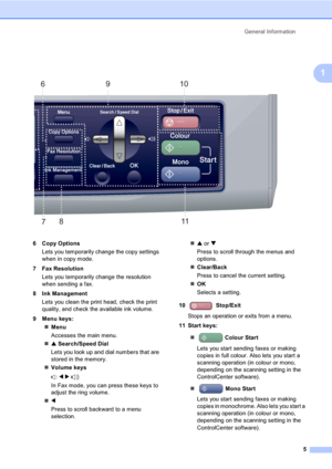 Page 15General Information
5
1
 
6 Copy Options
Lets you temporarily change the copy settings 
when in copy mode.
7 Fax Resolution
Lets you temporarily change the resolution 
when sending a fax.
8 Ink Management
Lets you clean the print head, check the print 
quality, and check the available ink volume.
9 Menu keys:
„Menu
Accesses the main menu.
„a Search/Speed Dial
Lets you look up and dial numbers that are 
stored in the memory.
„Volume keys
 d c 
In Fax mode, you can press these keys to 
adjust the ring...