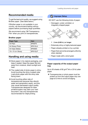 Page 19Loading documents and paper
9
2
Recommended media2
To get the best print quality, we suggest using 
Brother paper. (See table below.)
If Brother paper is not available in your 
country, we recommend testing various 
papers before purchasing large quantities.
We recommend using ‘3M Transparency 
Film’ when you print on transparencies.
Handling and using media2
„Store paper in its original packaging, and 
keep it sealed. Keep the paper flat and 
away from moisture, direct sunlight and 
heat.
„The coated...