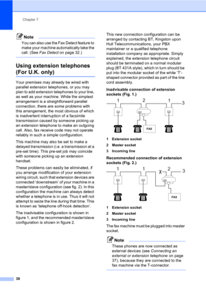 Page 48Chapter 7
38
Note
You can also use the Fax Detect feature to 
make your machine automatically take the 
call. (See Fax Detect on page 32.)
 
Using extension telephones 
(For U.K. only)7
Your premises may already be wired with 
parallel extension telephones, or you may 
plan to add extension telephones to your line, 
as well as your machine. While the simplest 
arrangement is a straightforward parallel 
connection, there are some problems with 
this arrangement, the most obvious of which 
is inadvertent...