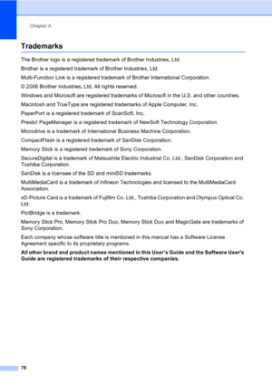 Page 88Chapter A
78
TrademarksA
The Brother logo is a registered trademark of Brother Industries, Ltd.
Brother is a registered trademark of Brother Industries, Ltd.
Multi-Function Link is a registered trademark of Brother International Corporation.
© 2006 Brother Industries, Ltd. All rights reserved.
Windows and Microsoft are registered trademarks of Microsoft in the U.S. and other countries.
Macintosh and TrueType are registered trademarks of Apple Computer, Inc.
PaperPort is a registered trademark of...
