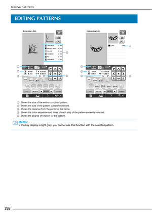 Page 270EDITING PATTERNS
268
EDITING PATTERNS
aShows the size of the entire combined pattern. 
b Shows the size of the pattern currently selected. 
c Shows the distance from the center of the frame. 
d Shows the color sequence and times of each step of the pattern currently selected. 
e Shows the degree of rotation for the pattern.
Memo
 If a key display is light gray, you cannot use that function with the selected pattern.
a
c
b
d
e
a
e
d
b
c 