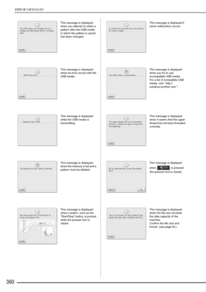 Page 362ERROR MESSAGES
360
This message is displayed 
when you attempt to select a 
pattern after the USB media 
in which the pattern is saved 
has been changed.
This message is displayed 
when an error occurs with the 
USB media.
This message is displayed 
while the USB media is 
transmitting.
This message is displayed 
when the memory is full and a 
pattern must be deleted.
This message is displayed 
when a button, such as the 
“Start/Stop” button, is pushed 
while the presser foot is 
raised.This message is...