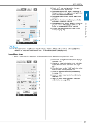 Page 39LCD SCREEN
Getting Ready
37
1
mUse to certify your sewing machine when you 
purchase one of the upgrade kits.
n Display the service count which is a reminder to 
take your machine in for regular servicing. (Contact 
your authorized dealer for details.)
o Display the total number of stitches sewn on this 
machine.
p The “No.” is the internal machine number for the 
embroidery and sewing machine.
q Display the program version. “Version 1” shows the 
program version of the LCD panel, “Version 2” 
shows the...