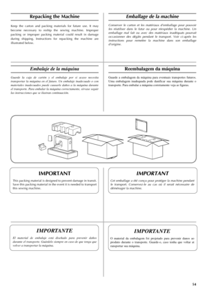 Page 6254
Repacking the Machine
Keep the carton and packing materials for future use. It may
become necessary to reship the sewing machine. Improper
packing or improper packing material could result in damage
during shipping. Instructions for repacking the machine are
illustrated below.
IMPORTANT
This packing material is designed to prevent damage in transit.
Save this packing material in the event it is needed to transport
this sewing machine.
Emballage de la machine
Conserver le carton et les matériaux...