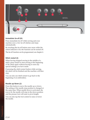 Page 362:14
F
BC
GHI
A
E
D
J
Preparations
,PPHGLDWHWLHRII+
Press immediate tie-off while sewing and your 
machine sews a few tie-off stitches and stops 
automatically. 
By touching the tie-off button once more while the 
action indicator is lit, the function can be turned off. 
The tie-off function can be programmed, see chapter 4.
6WLWFKUHVWDUW,
When having stopped sewing in the middle of a 
stitch, press restart to start sewing at the beginning 
of the stitch again without having to reset any...