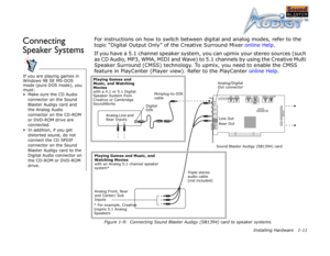 Page 24Installing Hardware 1-11
Connecting 
Speaker SystemsFor instructions on how to switch between digital and analog modes, refer to the 
topic “Digital Output Only” of the Creative Surround Mixer online Help.
If you have a 5.1 channel speaker system, you can upmix your stereo sources (such 
as CD Audio, MP3, WMA, MIDI and Wave) to 5.1 channels by using the Creative Multi 
Speaker Surround (CMSS) technology. To upmix, you need to enable the CMSS 
feature in PlayCenter (Player view). Refer to the PlayCenter...