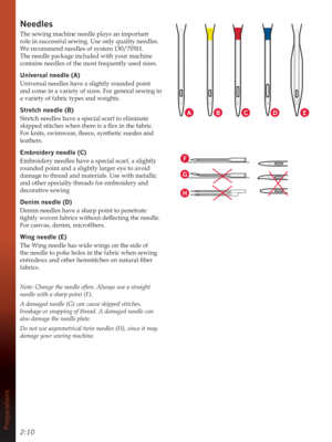 Page 262:10Preparations
F
G
H
ABCDE
Needles
The sewing machine needle plays an important 
role in successful sewing. Use only quality needles. 
We recommend needles of system 130/705H. 
The needle package included with your machine 
contains needles of the most frequently used sizes.
8QLYHUVDOQHHGOH$
Universal needles have a slightly rounded point 
and come in a variety of sizes. For general sewing in 
a variety of fabric types and weights.
6WUHWFKQHHGOH%
Stretch needles have a special scarf to...
