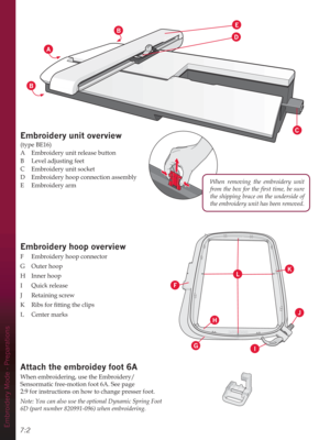 Page 74Embroidery Mode - Preparations7:2
A
B
B
(PEURLGHU\XQLWoverview
(type BE16)
A  Embroidery unit release button
B  Level adjusting feet
C  Embroidery unit socket
D  Embroidery hoop connection assembly
E Embroidery arm
(PEURLGHU\KRRSoverview
F  Embroidery hoop connector
G Outer hoop
H Inner hoop
I Quick release
J Retaining screw
. 5LEVIRU