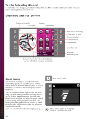 Page 889:2Embroidery mode - stitch-out
To enter (PEURLGHU\VWLWFKRXW
To embroider your design(s), enter Embroidery stitch-out. Make sure the embroidery unit is connected 
before entering Embroidery stitch-out. 
(PEURLGHU\VWLWFKRXWoverview
Basic precise positioning
Zoom options/pan
Hoop position
Color block list
Return to 
Embroidery edit
Monochrome Basting
Current stitch in the 
current color blockCrosshair
Current stitch in the 
design or combination
Thread tension Step stitch by stitch Speed control...