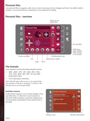 Page 9810:23HUVRQDOÀOHV
3HUVRQDOÀOHV
RXUGHVLJQVDQGIRQWV8VHHLWKHUEXLOWLQ
memory or an external device connected to your machine for storing. 
3HUVRQDOÀOHVoverview
Move up one 
folder level
Create new folderUSB device  
(only enabled 
when a device  
is connected)
Cut
Copy Paste5HQDPHÀOHRUIROGHU
3HUVRQDOÀOHV
List/thumbnail view
File formats
