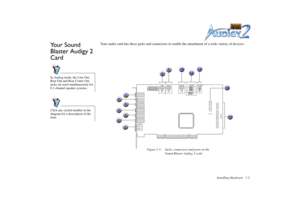 Page 16Installing Hardware 1-2
Your Sound 
Blaster Audigy 2 
Card
Your audio card has these jacks and connectors to enable the attachment of a wide variety of devices:
In Analog mode, the Line Out, 
Rear Out and Rear Center Out jacks are used simultaneously for 
6.1 channel speaker systems.Click any circled number in the 
diagram for a description of the 
item.
Figure 1-1: Jacks, connectors and ports on the 
Sound Blaster Audigy 2 card.
10
9
8
7
11112
143 45
2
13
6 