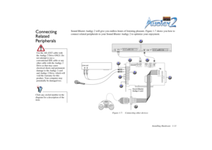 Page 25Installing Hardware 1-11
Connecting 
Related 
Peripherals
Sound Blaster Audigy 2 will give you endless hours of listening pleasure. Figure 1-7 shows you how to 
connect related peripherals to your Sound Blaster Audigy 2 to optimize your enjoyment.
Use the AD_EXT cable with 
the Audigy 2 Drive ONLY. Do 
not attempt to use a 
conventional IDE cable or any 
other cable with the Audigy 2 
Drive as that may cause 
electrical shorts and permanent 
damage to the Audigy 2 card 
and Audigy 2 Drive, which will...