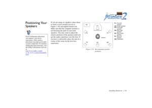 Page 30Installing Hardware 1-16
Positioning Your 
Speakers
If you are using six speakers, place them 
to form a circle around you (as in 
Figure 1-10) and angled toward you. 
Make sure that the computer monitor is 
not blocking the path of your front 
speakers. You may want to adjust the 
relative positions of the speakers until you 
get the audio experience you like best. If 
you have a subwoofer, place the unit in a 
corner of the room for the best bass 
experience.
Good loudspeaker placement 
can enhance...