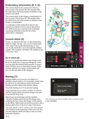 Page 1349:4Embroidery mode - stitch-out
6F
G
E
57
(PEURLGHU\LQIRUPDWLRQ()*
The current stitch in the current color block is 
shown next to the picture (E). The number after 
the slash shows the total number of stitches in the 
current color block.
The current stitch in the design or combination is 
shown next to the picture (F). The number after 
the slash shows the total number of stitches in the 
design or combination.
An estimation of the embroidery time for the 
current color block is shown next to...