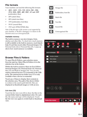 Page 14910:3
Files & Folders
1314151617
10
8
45
HVLJQÀOH
(PEURLGHU\IRQWÀOH
6WLWFKÀOH
7H[WÀOH
6RXQGÀOH
8QUHFRJQL]HGÀOH
File formats
