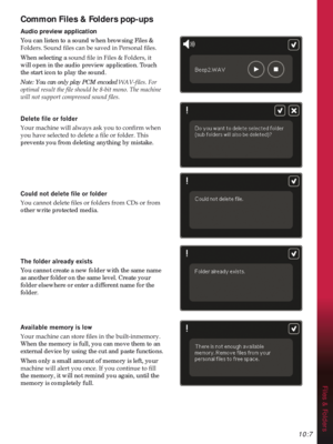 Page 15310:7
Files & Folders
Common Files & Folders pop-ups
Audio preview application
You can listen to a sound when browsing Files & 

When selecting a VRXQGÀOHLQ)LOHV	)ROGHUVLW
will open in the audio preview application. Touch 
the start icon to play the sound. 
Note: You can only play PCM encoded :$9ÀOHV)RU

ZLOOQRWVXSSRUWFRPSUHVVHGVRXQGÀOHV
HOHWHÀOHRUIROGHU
