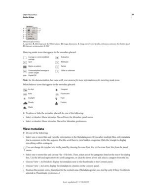 Page 3935CREATIVE SUITE 5Adobe Bridge
Last updated 11/16/2011
Metadata placard keyA. Aperture  B. Metering mode  C. White balance  D. Image dimensions  E. Image size  F. Color profile or filename extension  G. Shutter speed  
H. Exposure compensation  I. ISO  
Metering mode icons that appear in the metadata placard:
Note: See the documentation that came with your camera for more information on its metering mode icons.
White balance icons that appear in the metadata placard:
❖To show or hide the metadata...