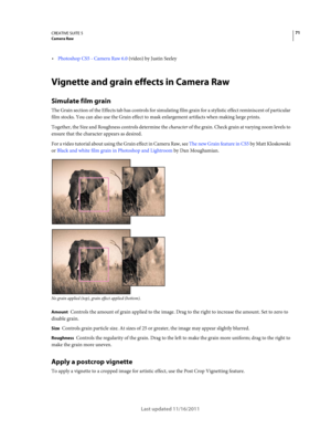 Page 7571CREATIVE SUITE 5Camera Raw
Last updated 11/16/2011
Photoshop CS5 - Camera Raw 6.0 (video) by Justin Seeley
Vignette and grain effects in Camera Raw
Simulate film grain
The Grain section of the Effects tab has controls for simulating film grain for a stylistic effect reminiscent of particular 
film stocks. You can also use the Grain effect to mask enlargement artifacts when making large prints.
Together, the Size and Roughness controls determine the character of the grain. Check grain at varying zoom...