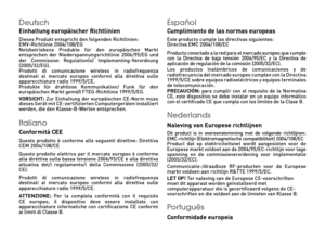 Page 75Deutsch  Einhaltung europäischer Richtlinien   Dieses Produkt entspricht den folgenden Richtlinien: EMV-Richtlinie 2004/108/EG   Netzbetriebene  Produkte  für  den  europäischen  Markt entsprechen  der  Niederspannungsrichtlinie  2006/95/EG  und der  Commission  Regulation(s)  Implementing-Verordnung (2005/32/EG).Prodotti  di  comunicazione  wireless  in  radiofrequenza destinati  al  mercato  europeo  conformi  alla  direttiva  sulle apparecchiature radio 1999/5/CE.Produkte  für  drahtlose...