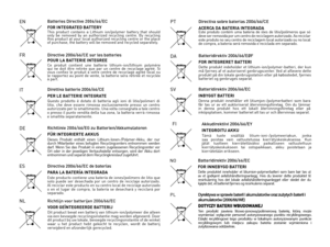 Page 78Direttiva batterie 2006/66/CEPER LE BATTERIE INTEGRATEQuesto  prodotto  è  dotato  di  batteria  agli  ioni  di  litio/polimeri  di litio,  che  deve  essere  rimossa  esclusivamente  presso  un  centro autorizzato per lo smaltimento. Una volta consegnata a tale centro o presso il punto vendita della tua zona, la batteria verrà rimossa e smaltita separatamente.
IT
Richtlinie 2006/66/EG zu Batterien/AkkumulatorenFÜR INTEGRIERTE AKKUSDieses  Produkt  enthält  einen  Lithium-Ionen-/Polymer-Akku,  der  nur...