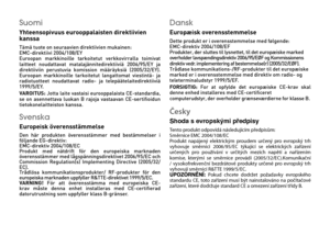 Page 73Suomi   Yhteensopivuus eurooppalaisten direktiivien kanssa Tämä tuote on seuraavien direktiivien mukainen: EMC-direktiivi 2004/108/EY   Euroopan  markkinoille  tarkoitetut  verkkovirralla  toimivat laitteet  noudattavat  matalajännitedirektiiviä  2006/95/EY  ja direktiiviin  perustuvia  komission  määräyksiä  (2005/32/EY).Euroopan  markkinoille  tarkoitetut  langattomat  viestintä-  ja radiotuotteet  noudattavat  radio-  ja  telepäätelaitedirektiiviä 1999/5/EY.   VAROITUS: Jotta laite vastaisi...
