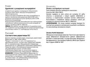 Page 74Polski   Zgodność z przepisami europejskimi Urządzenie	jest	zgodne	z	następującymi	dokumentami:		Dyrektywa	2004/108/EC	dotycząca	kompatybilności	elektromagnetycznej   Główne	procedury	produktowe	dla	rynku	europejskiego	są	zgodne	z	dyrektywą	niskonapięciową	2006/95/WE	oraz	z	przepisami	wprowadzonymi	przez	dyrektywę	2005/32/WE	Parlamentu Europejskiego.  Bezprzewodowe	produkty	komunikacyjne	oraz	wykorzystujące	częstotliwości	radiowe	przeznaczone	na	rynek	europejski	są	zgodne	z	Dyrektywą	R&TTE	1999/5/EC....