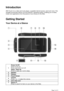 Page 2Introduction 
ZEN Touch 2 is a video and music player, a portable Internet access, and much more. This 
versatile touchscreen device runs the Android™ operating system, enabling you to easily 
install more applications from thousands of cool choices on the Web. 
  
Getting Started 
Your Device at a Glance  
  
  
  
1Power On/Off  
Press to turn on. 
Press and hold to turn off.  
Sleep / Wake Up  
Press to wake up or set to sleep.  
2 Speaker  
3 Camera 
4 Touch Screen  
5Volume  
Press + or – to adjust...