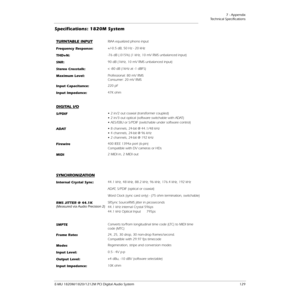 Page 1297 - Appendix
Technical Speciﬁcations
E-MU 1820M/1820/1212M PCI Digital Audio System 129
TURNTABLE INPUTRIAA equalized phono input
Frequency Response:+/-0.5 dB, 50 Hz - 20 kHz
THD+N:-76 dB (.015%) (1 kHz, 10 mV RMS unbalanced input)
SNR:90 dB (1kHz, 10 mV RMS unbalanced input)
Stereo Crosstalk:< -80 dB (1kHz at -1 dBFS)
Maximum Level:Professional: 80 mV RMS
Consumer: 20 mV RMS
Input Capacitance:220 pF
Input Impedance:47K ohm
DIGITAL I/O
S/PDIF• 2 in/2 out coaxial (transformer coupled)
• 2 in/3 out optical...