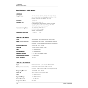 Page 1307 - Appendix
Technical Speciﬁcations
130Creative Professional
Speciﬁcations: 1820 System
GENERAL
Sample Rates44.1 kHz. 48 kHz, 88.2 kHz, 96 kHz, 176.4 kHz, 192 kHz 
from internal crystal. Externally supplied clock from S/PDIF, 
ADAT (or word clock with optional Sync Card)
Bit Depth16 or 24-bits
Hardware DSP100MIPs custom audio DSP. 
PCI Bus-Mastering DMA subsystem reduces CPU usage.
Zero-latency direct hardware monitoring with effects
1394 Firewire Core - Texas Instruments
Converters & OpAmpsADC -...