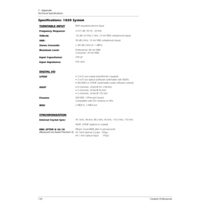 Page 1327 - Appendix
Technical Speciﬁcations
132Creative Professional
TURNTABLE INPUTRIAA equalized phono input
Frequency Response:+/-0.5 dB, 50 Hz - 20 kHz
THD+N:-76 dB (.015%) (1 kHz, 10 mV RMS unbalanced input)
SNR:90 dB (1kHz, 10 mV RMS unbalanced input)
Stereo Crosstalk:< -80 dB (1kHz at -1 dBFS)
Maximum Level:Professional: 80 mV RMS
Consumer: 20 mV RMS
Input Capacitance:220 pF
Input Impedance:47K ohm
DIGITAL I/O
S/PDIF• 2 in/2 out coaxial (transformer coupled)
• 2 in/3 out optical (software switchable with...