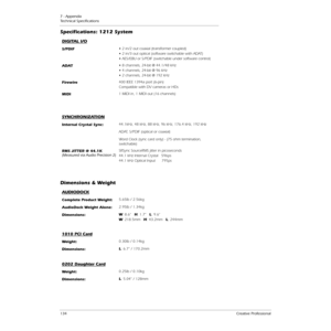 Page 1347 - Appendix
Technical Speciﬁcations
134Creative Professional
DIGITAL I/O
S/PDIF• 2 in/2 out coaxial (transformer coupled)
• 2 in/3 out optical (software switchable with ADAT)
• AES/EBU or S/PDIF (switchable under software control)
ADAT• 8 channels, 24-bit @ 44.1/48 kHz
• 4 channels, 24-bit @ 96 kHz
• 2 channels, 24-bit @ 192 kHz
Firewire400 IEEE 1394a port (6-pin)
Compatible with DV cameras or HDs
MIDI1 MIDI in, 1 MIDI out (16 channels)
SYNCHRONIZATION
Internal Crystal Sync:44.1kHz, 48 kHz, 88 kHz, 96...