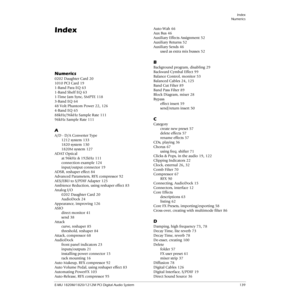 Page 139Index
Numerics
E-MU 1820M/1820/1212M PCI Digital Audio System 139
Index
Numerics
0202 Daughter Card 20
1010 PCI Card
 19
1-Band Para EQ
 63
1-Band Shelf EQ
 63
1-Time Jam Sync, SMPTE
 118
3-Band EQ
 64
48 Volt Phantom Power
 22, 126
4-Band EQ
 65
88kHz/96kHz Sample Rate
 111
96kHz Sample Rate
 111
A
A/D - D/A Converter Type
1212 system
 133
1820 system
 130
1820M system
 127
ADAT Optical
at 96kHz & 192kHz
 111
connection example
 124
input/output connector
 19
ADSR, reshaper effect
 84
Advanced...