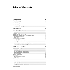 Page 3 
Creative Professional3 
Table of Contents 
1- Introduction  ................................................................. 9 
Welcome!.............................................................................................................................. 9
All Systems Include:  ......................................................................................................... 9
E-MU 1212M System...