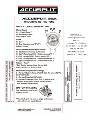 Page 1ACCUSPLIT, Inc.
3090 Independence Drive  Suite 148
Livermore, CA 94551 USA
 800-935-1996  •  925-290-1900   FAX 925-290-1930 
www .ACCUSPLIT .com
 support@ACCUSPLIT .com
NO-PROOF-OF-PU RCHA SE LIMITED  WARRANT Y
S ee l ab el o n b a ck  of u nit  f o r d eta ils,  o r c h ec k   
h tt p :/ /s u p port.A CCU SP LIT .c om 