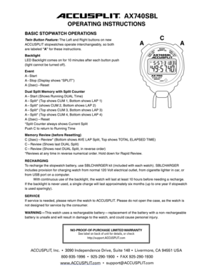 Page 1ACCUSPLIT , Inc.  •  3090 Independence Drive, Suite 148   •  Livermore, CA 94551 USA
800-935-1996  •  925-290-1900  •  FAX 925-290-1930
www .ACCUSPLIT .com  •  suppor t@ACCUSPLIT .com
NO-PROOF-OF-PUR CHASE LIMITED  WARRANT Y
S ee  la b el o n b a ck o f u nit  fo r d eta ils,  or c he ck   
h tt p :/ /s u ppo rt.A CC U SPLIT .c om 