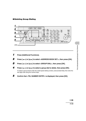 Page 1014-30
Sending Faxes (MF6550/MF6560/MF6580 Only)
●Deleting Group Dialing
1Press [Additional Functions].
2Press [ ] or [ ] to select , then press [OK].
3Press [ ] or [ ] to select , then press [OK].
4Press [ ] or [ ] to select a group dial to delete, then press [OK].
To select a group stored under the coded speed dialing number, press [Coded Dial], then enter the 
two-digit code using the numeric keys.
5Confirm that  is displayed, then press [OK].
04
08
2Address
Book
Paper
Select
COPY FAX SCAN
Image Quality...