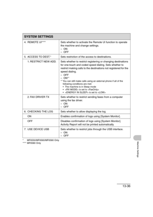 Page 20313-36
Machine Settings*   MF6550/MF6560/MF6580 Only
**** MF6580 Only
4. REMOTE UI**** Sets whether to activate the Remote UI function to operate 
the machine and change settings.
–ON
–OFF
5. ACCESS TO DEST.* Sets restriction of the access to destinations.
1. RESTRICT NEW ADD. Sets whether to restrict registering or changing destinations 
for one-touch and coded speed dialing. Sets whether to 
restrict making calls to the destinations not registered for the 
speed dialing.
–OFF
–ON*
1
*1You can still make...