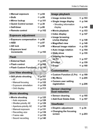 Page 1111
Index to Features
 Manual exposureÎ p.94
 Bulb Î p.99
 Mirror lockup Î p.101
 Quick Control screen Î p.38
 Self-timer Î p.86
 Remote control Î p.102
Exposure adjustment
 Exposure compensation Î p.96
 AEB Î p.97
 AE lock Î p.98
 Exposure level  increments Î p.193
Flash
 External flash Î p.103
 Flash control Î p.105
 Flash Custom Functions Î p.106
Live View shooting
 Still photo shooting Î p.107
• AF Î p.115
• Manual focusing Î p.122
• Exposure simulation Î p.109
• Grid display Î p.113
Movie shooting...