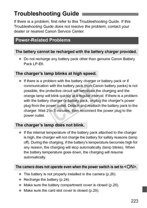 Page 223223
If there is a problem, first refer to this Troubleshooting Guide. If this 
Troubleshooting Guide does not resolve the problem, contact your 
dealer or nearest Canon Service Center.
  Do not recharge any battery pack  other than genuine Canon Battery 
Pack LP-E6.
  If there is a problem with the batt ery charger or battery pack or if 
communication with the battery pack  (non-Canon battery packs) is not 
possible, the protective circuit  will terminate the charging and the 
orange lamp will blink...