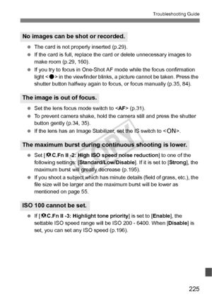 Page 225225
Troubleshooting Guide
 The card is not properly inserted (p.29).
  If the card is full, replace the  card or delete unnecessary images to 
make room (p.29, 160).
  If you try to focus in One-Shot AF mode while the focus confirmation 
light < o> in the viewfinder blinks, a pi cture cannot be taken. Press the 
shutter button halfway aga in to focus, or focus manually (p.35, 84).
  Set the lens focus mode switch to < AF> (p.31).
  To prevent camera shake, hold the camera still and press the shutter...