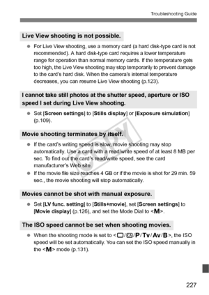 Page 227227
Troubleshooting Guide
 For Live View shooting, use a memory card (a hard disk-type card is not 
recommended). A hard disk-type ca rd requires a lower temperature 
range for operation  than normal memory cards.  If the temperature gets 
too high, the Live View shooting may  stop temporarily to prevent damage 
to the card’s hard disk. When th e camera’s internal temperature 
decreases, you can resume Live View shooting (p.123).
  Set [ Screen settings ] to [Stills display ] or [Exposure simulation ]...