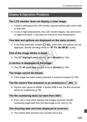 Page 229229
Troubleshooting Guide
 If dust is adhering to the LCD monitor, wipe its surface with a lens cloth 
or soft cloth.
  In low or high temperatures, the  LCD monitor display may seem slow 
or might look black. It will retu rn to normal at room temperature.
  In the fully-automatic modes ( 1/C ), some tabs an d options are not 
displayed. Set the shooting mode to < d
/s/f/a/F> (p.40).
  The [ 4 Highlight alert ] option is set to [ Enable] (p.145).
  The [ 4 AF point disp. ] option is set to [ Enable]...