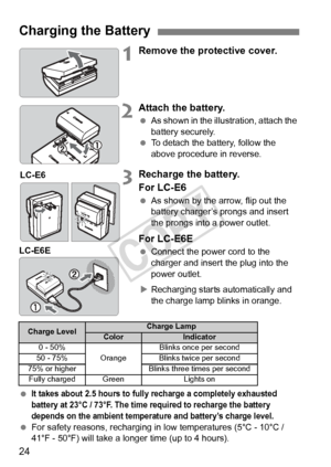 Page 2424
1Remove the protective cover.
2Attach the battery.
 As shown in the illustration, attach the 
battery securely.
  To detach the battery, follow the 
above procedure in reverse.
3Recharge the battery.
For LC-E6
 As shown by the arrow, flip out the 
battery charger’s prongs and insert 
the prongs into a power outlet.
For LC-E6E
 Connect the power cord to the 
charger and insert the plug into the 
power outlet. 
X Recharging starts automatically and 
the charge lamp blinks in orange.
 
It takes about 2.5...