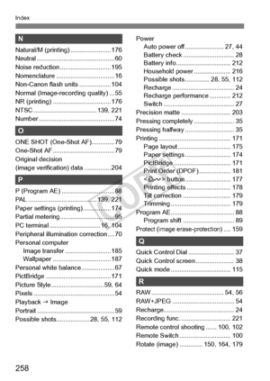 Page 258258
Index
N
Natural/M (printing) ....................... 176
Neutral .............. .............................. 60
Noise reduction ...... ....................... 195
Nomenclature ........ ......................... 16
Non-Canon flash un its .................. 104
Normal (Image-recor ding quality) ... 55
NR (printing) .......... ....................... 176
NTSC ......................... ........... 139, 221
Number .................. ......................... 74
O
ONE SHOT (One-S hot AF)............. 79...