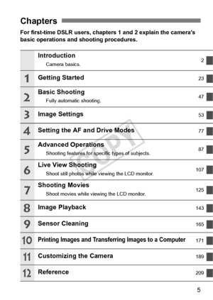 Page 55
For first-time DSLR users, chapters 1 and 2 explain the camera’s 
basic operations and shooting procedures.
Chapters
Introduction
Camera basics. 2
Getting Started23
Basic Shooting
Fully automatic shooting.47
Image Settings53
Setting the AF and Drive Modes77
Advanced Operations
Shooting features for spec
ific types of subjects. 87
Live View Shooting
Shoot still photos while 
viewing the LCD monitor. 107
Shooting Movies
Shoot movies while viewing the LCD monitor. 125
Image Playback143
Sensor Cleaning165...