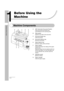 Page 321-1
Before Using the Machine
Before Using the 
Machine
Machine Components
A ADF (Automatic Document Feeder)
Holds documents and feeds them 
automatically into the scanning area.
B Slide guides
Adjusts to the width of the document.
C Document feeder tray
Holds documents.
D Document delivery tray
Receives documents.
E Paper delivery tray
Receives copies, prints and faxes.
F Paper stopper
Prevents the paper from falling off the paper 
delivery tray.
Open the stopper from its original position for 
A4/LTR...