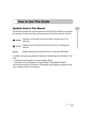 Page 19xvii
What Can I Do with This Machine?
How to Use This Guide
Symbols Used in This Manual
The following symbols are used throughout the manuals for the machine and indicate 
the warnings, cautions and notes you should keep in mind when using the machine.
WA R N I N GIndicates a warning that may lead to death or serious injury if not 
observed.
CAUTIONExplains how to avoid actions that could injure you or damage your 
machine.
NOTEExplains operating restrictions and how to avoid minor difficulties.
In...