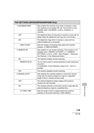 Page 18313-16
Machine Settings
4. INCOMING RING Sets whether the machine rings when it receives a voice 
call, enabling you to answer the call. This function is only 
available when  is set to  or 
.
OFF The telephone does not ring when it receives a voice call. (In 
Sleep mode, the telephone may ring one or two times.)
ON The telephone rings when it receives a voice call if an 
external telephone is connected.
RING COUNT Sets the number of incoming rings before the machine 
answers. (1TIMES-99TIMES)
5. REMOTE...